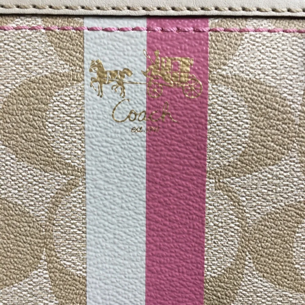 Coach Heritage Accordion Wallet Stripe Signature Tan Pink Monogram Canvas Zip - Picture 6 of 10